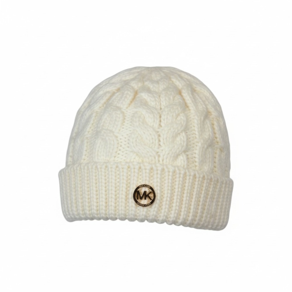 Michael Kors Beanie Women One Size Cream Cable Knit Gold Logo Winter Hat NWT